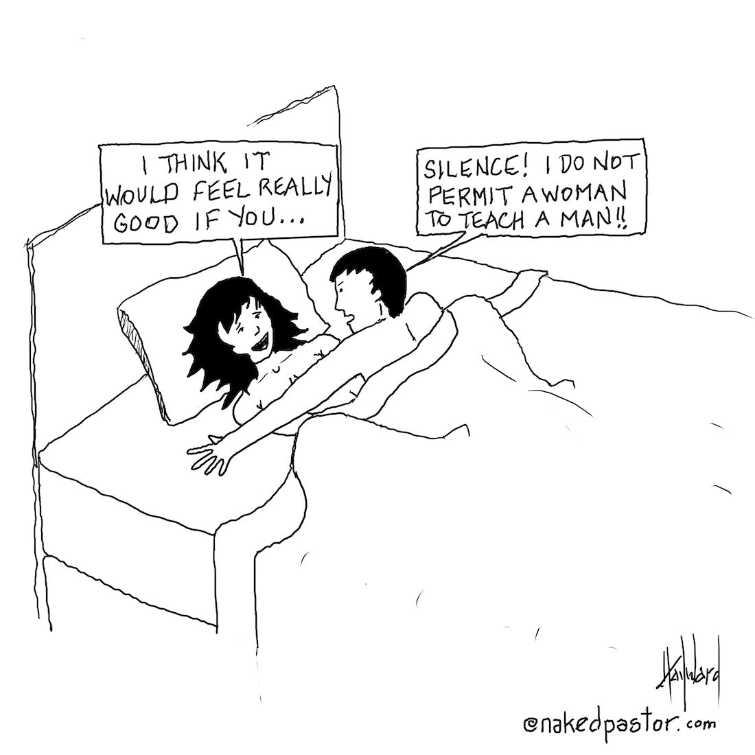 A Woman Teaches a Man in Bed Digital Cartoon - by nakedpastor