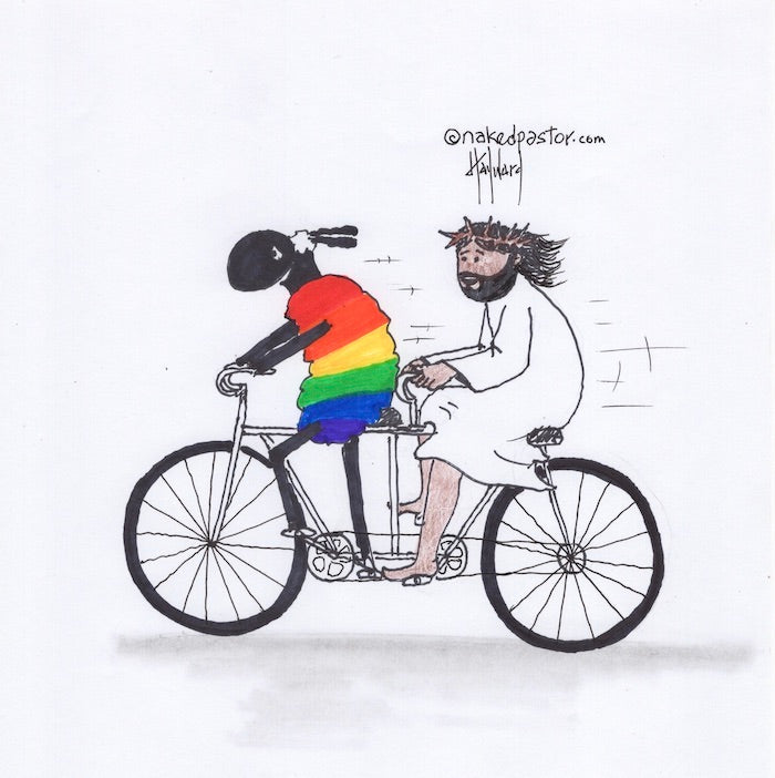 LGBTQ Bicycle with Jesus Original Cartoon Drawing - by nakedpastor