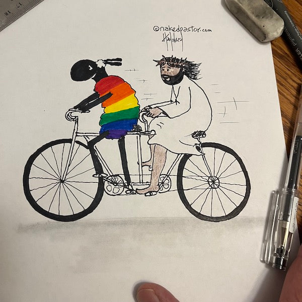 LGBTQ Bicycle with Jesus Original Cartoon Drawing