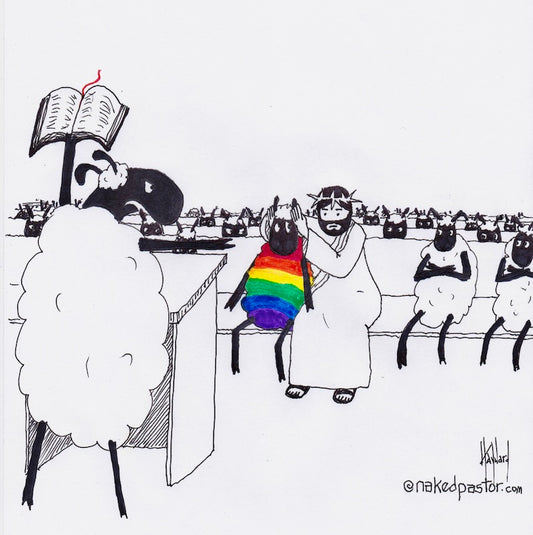 Jesus Covers the Rainbow Sheep's Ears Digital Cartoon - by nakedpastor