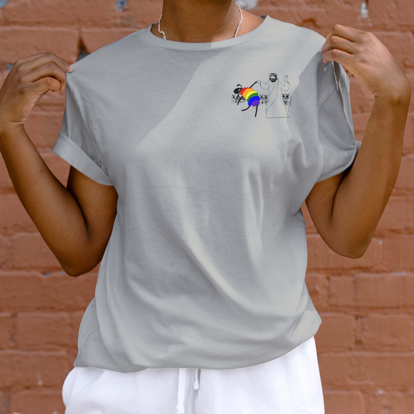 Jesus Dances with the LGBTQ Sheep Grey Women's T Shirt on Model