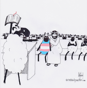 Jesus Covers the Trans Sheep's Ears Digital Cartoon - by nakedpastor