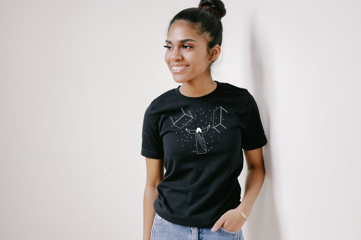 Jesus Overturning Tables Black Women's T-Shirt on Model