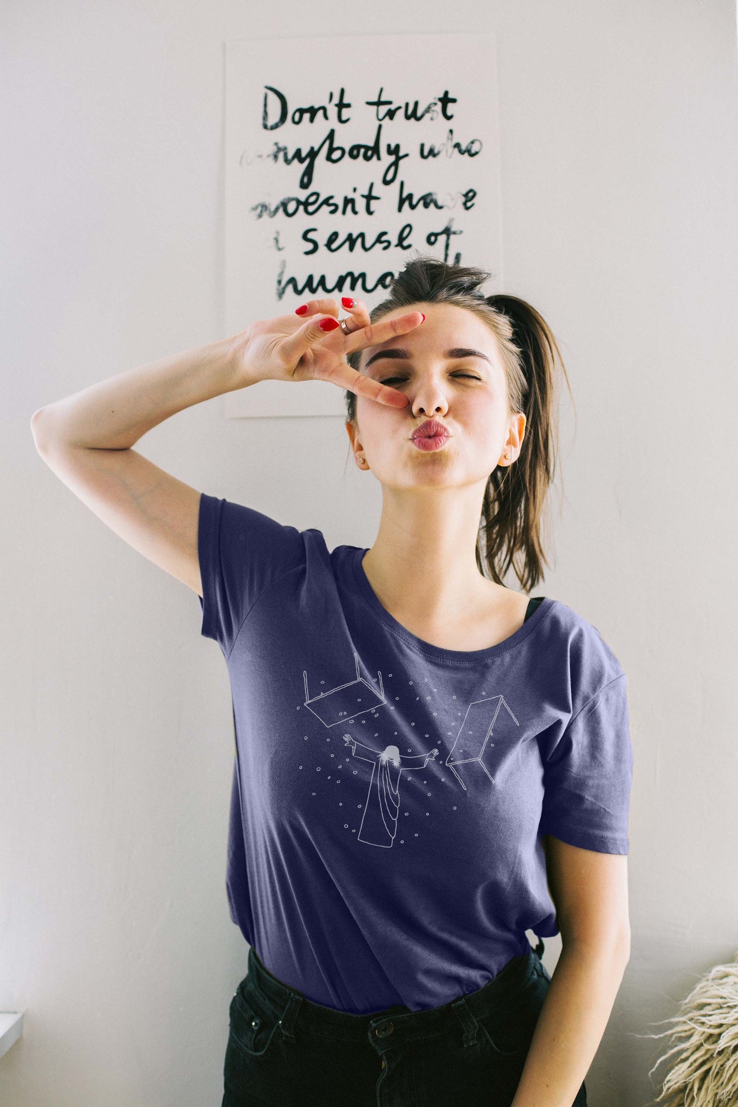 Jesus Overturning Tables Navy Blue Women's T-Shirt on Model