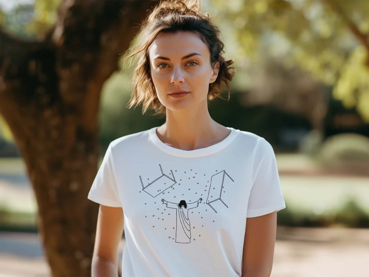 Jesus Overturning Tables White Women's T-Shirt on Model
