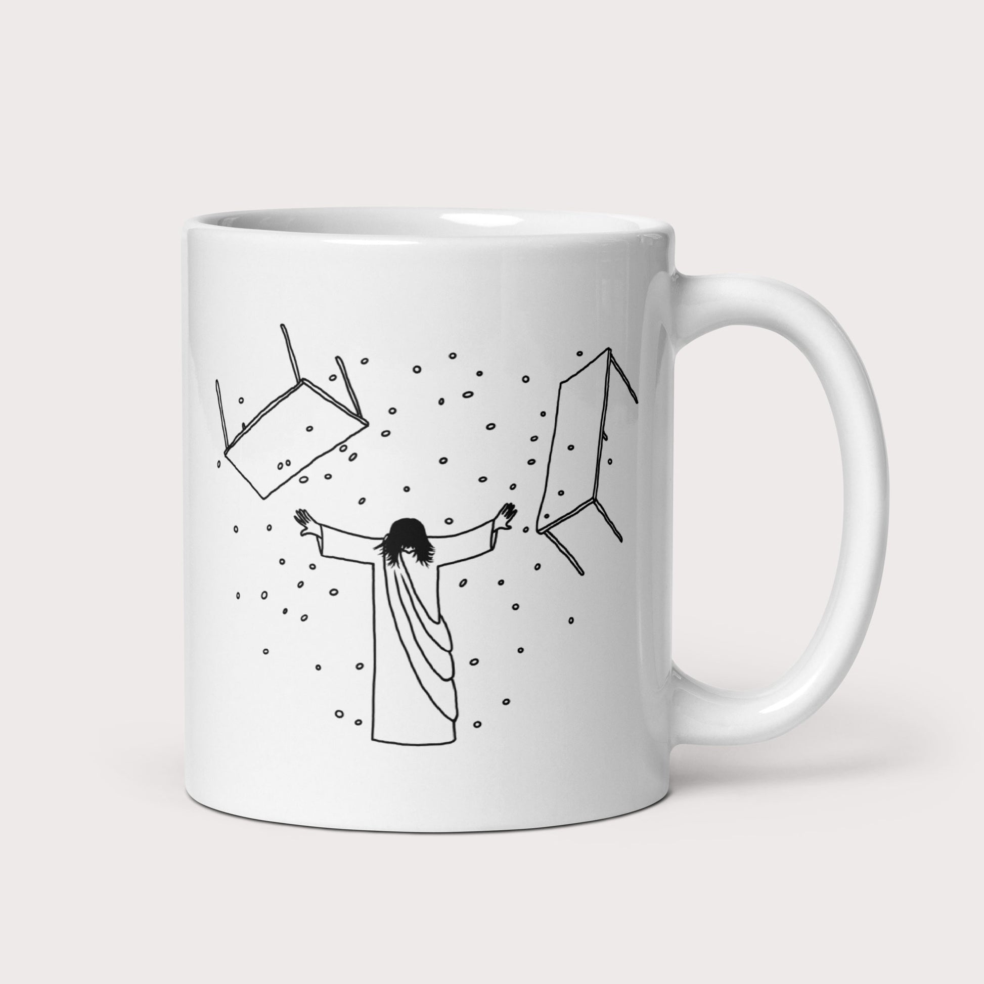 Jesus Overturning Mug - by nakedpastor
