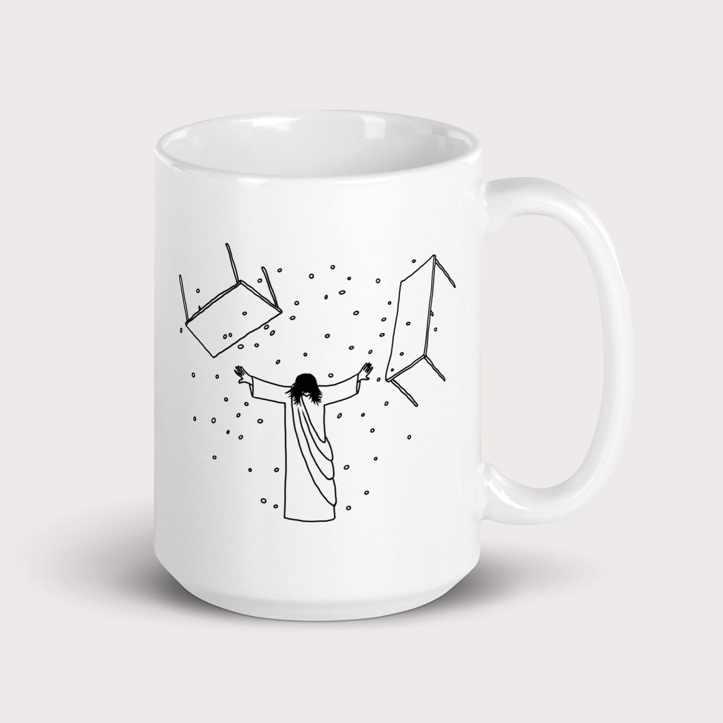 Jesus Overturning Mug - by nakedpastor
