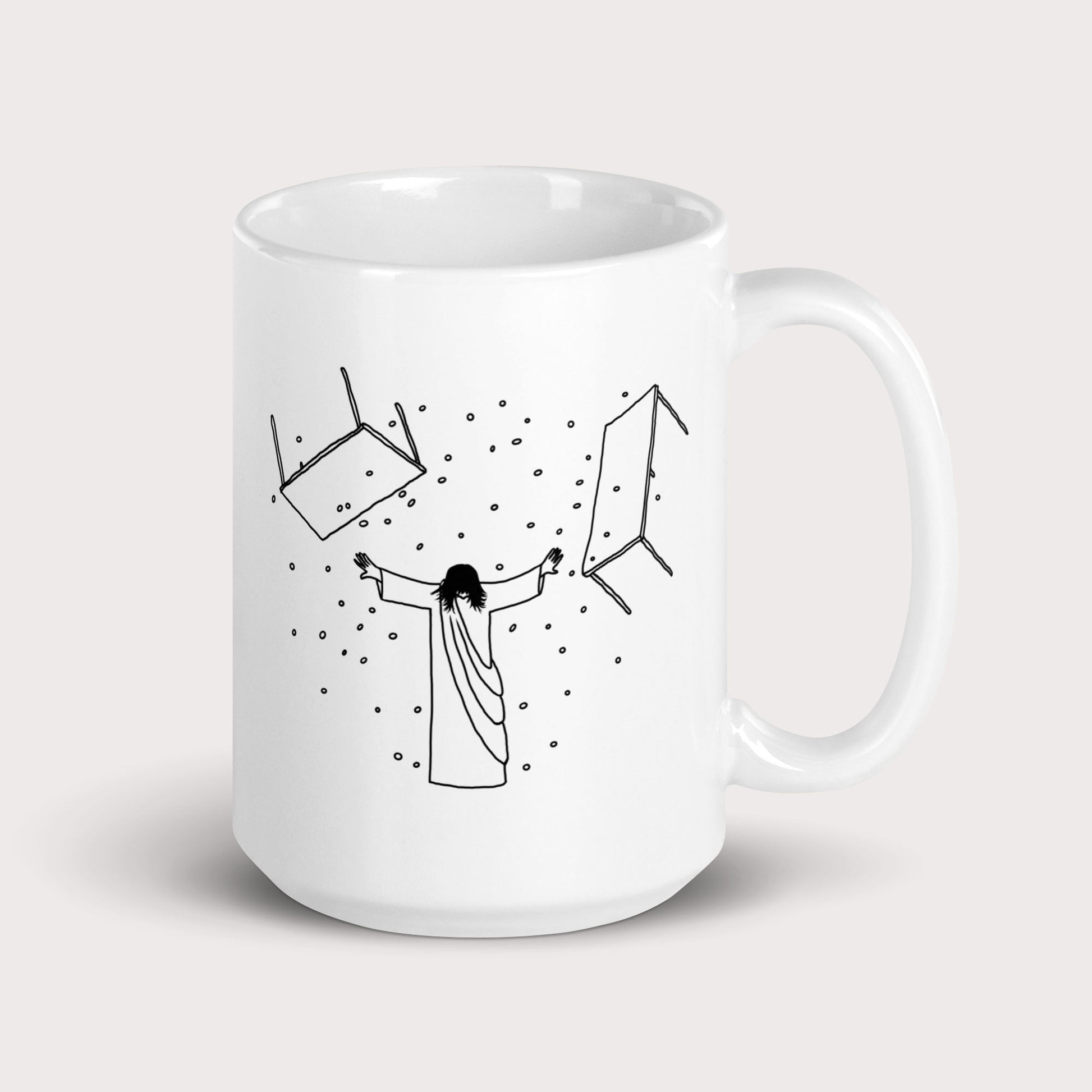 Jesus Overturning Mug - by nakedpastor