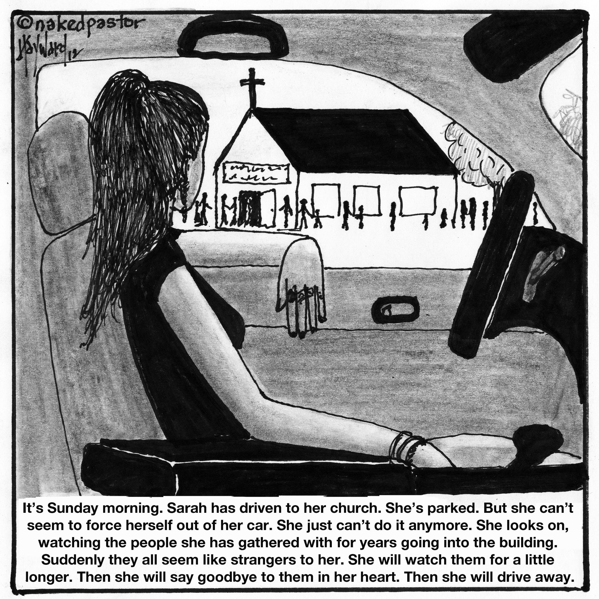 Driving Away from Church Digital Cartoon - by nakedpastor