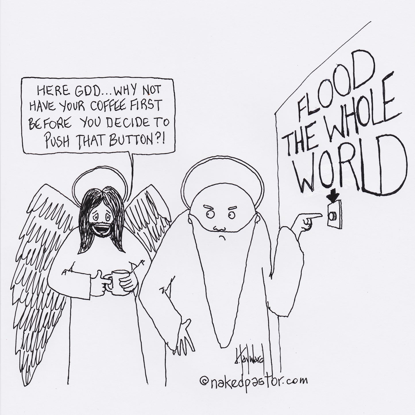 Flood the World Before Coffee Digital Cartoon - by nakedpastor