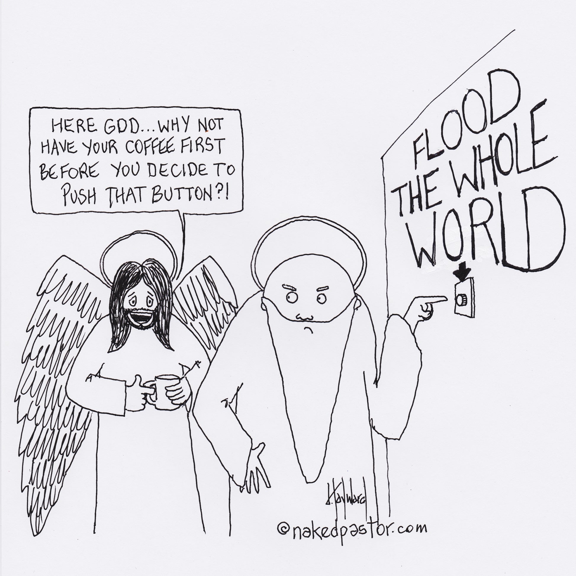 Flood the World Before Coffee Digital Cartoon - by nakedpastor