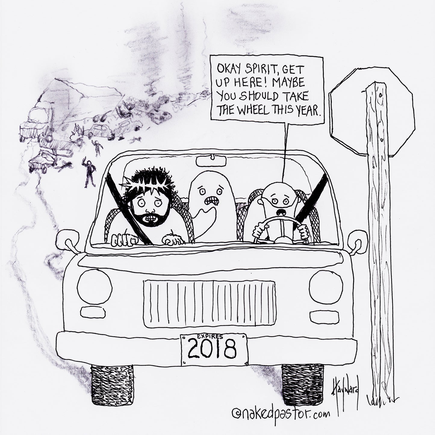 God Gives Up the Wheel Digital Cartoon - by nakedpastor