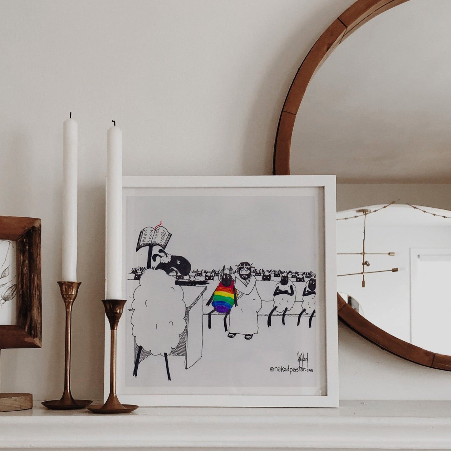 Jesus Covers the Rainbow Sheep's Ears Cartoon Print-Queer Christian Art Prints-nakedpastor