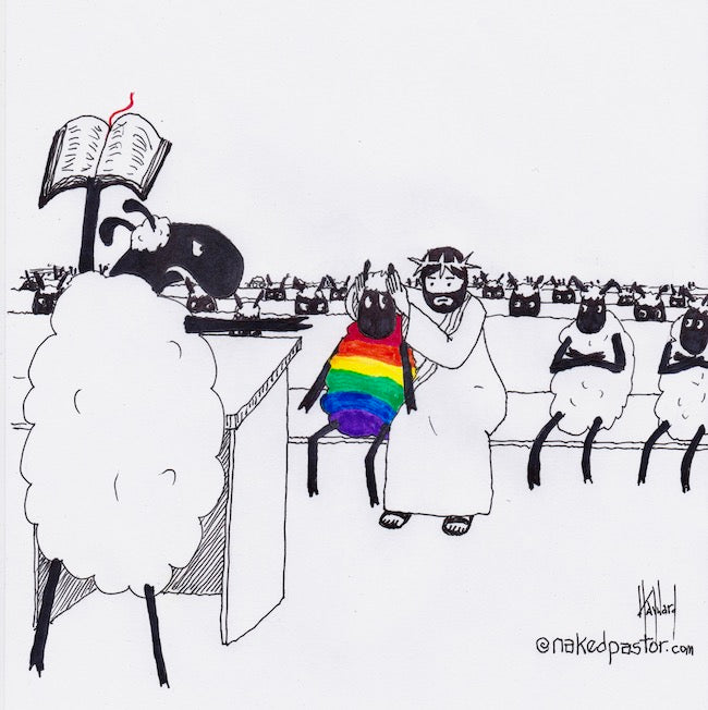 Jesus Covers the Rainbow Sheep's Ears Cartoon Print - by nakedpastor