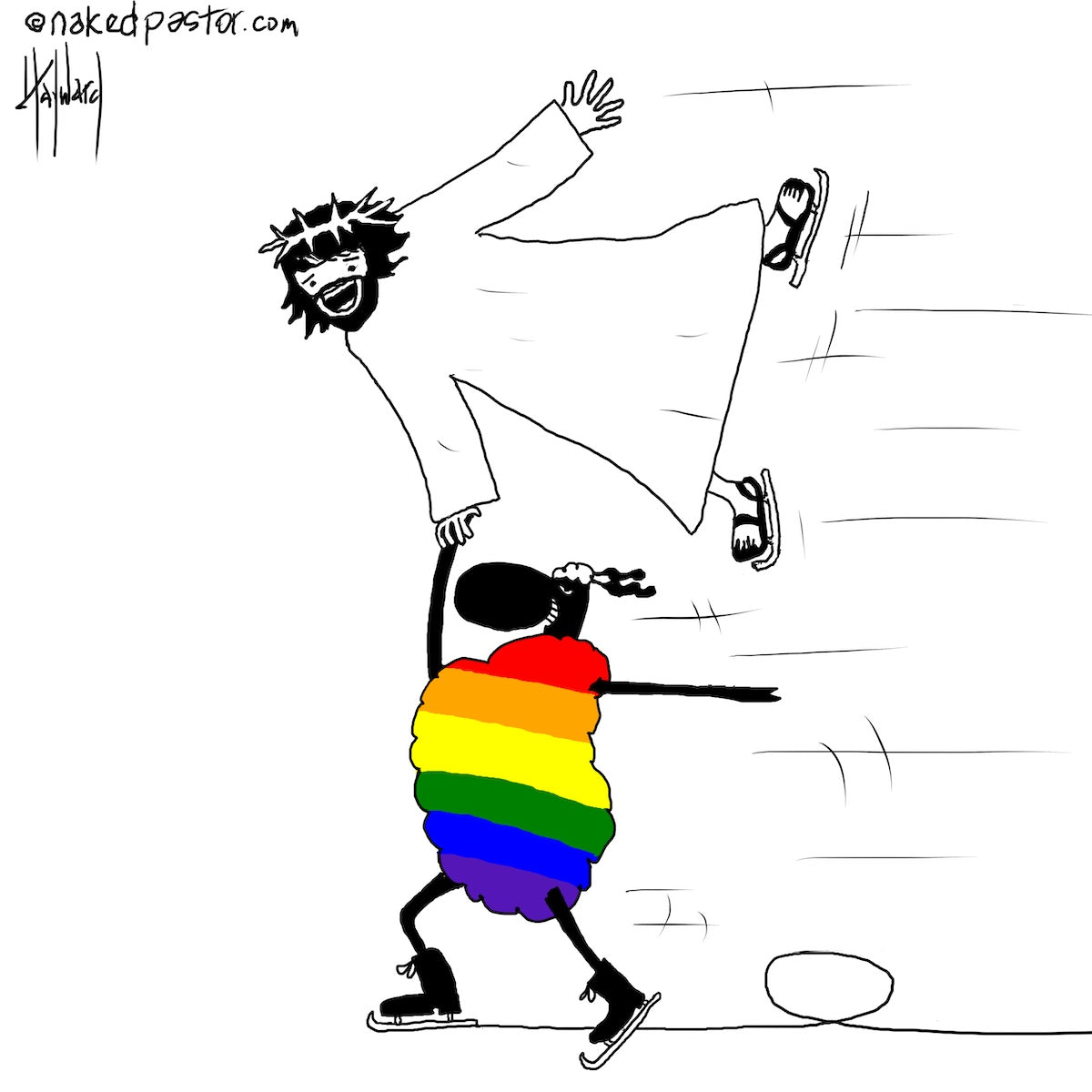 Jesus Skates with the LGBTQ Sheep Digital Cartoon - by nakedpastor