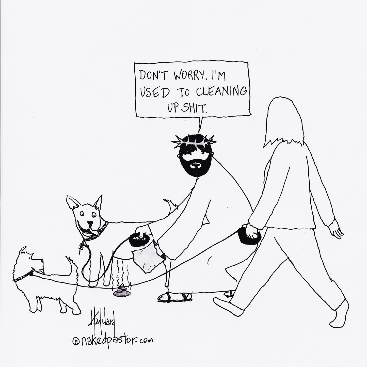 Jesus and Poop Bags Digital Cartoon - by nakedpastor