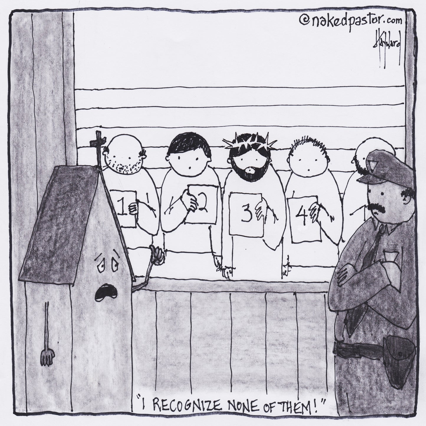Jesus in a Police Lineup Digital Cartoon - by nakedpastor