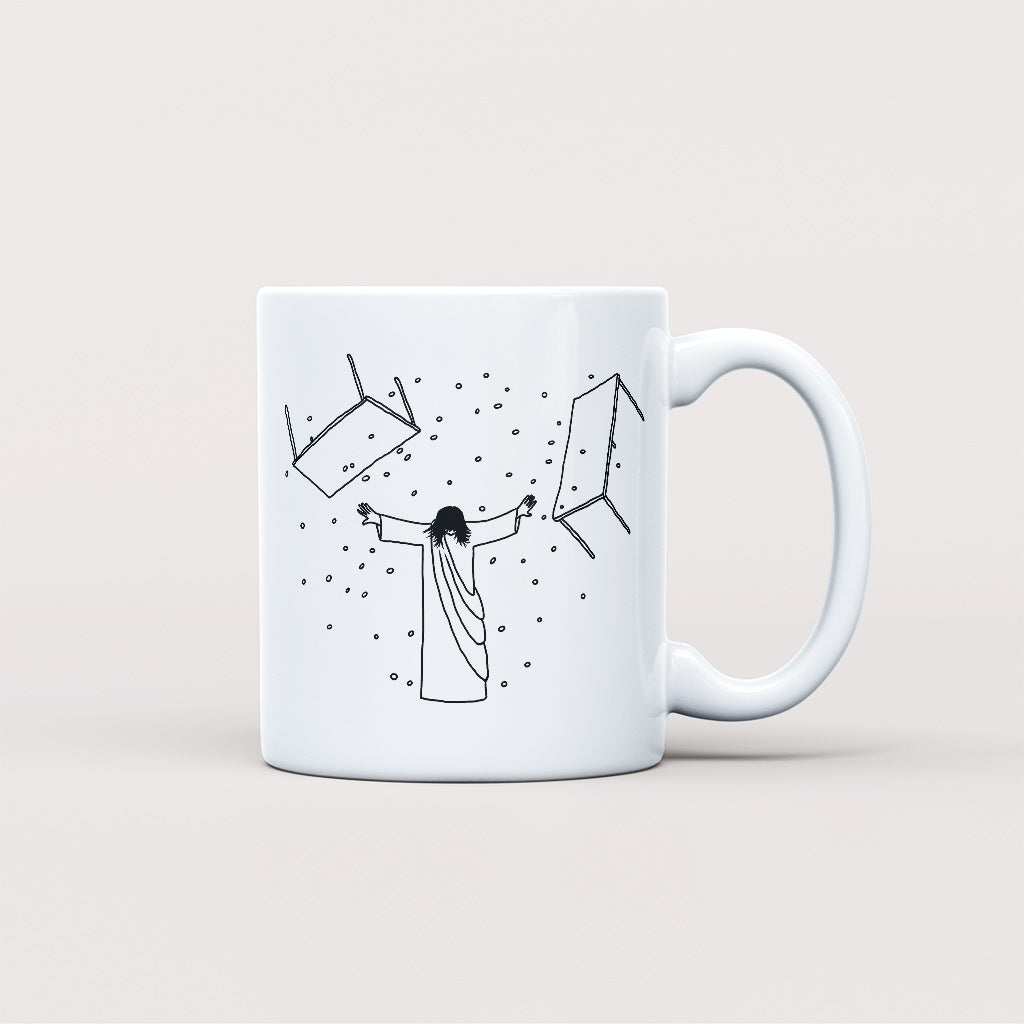 Jesus Overturning Mug - by nakedpastor