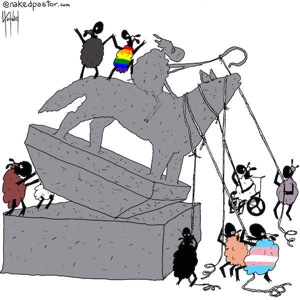 Statue Toppling Sheep Digital Cartoon - by nakedpastor