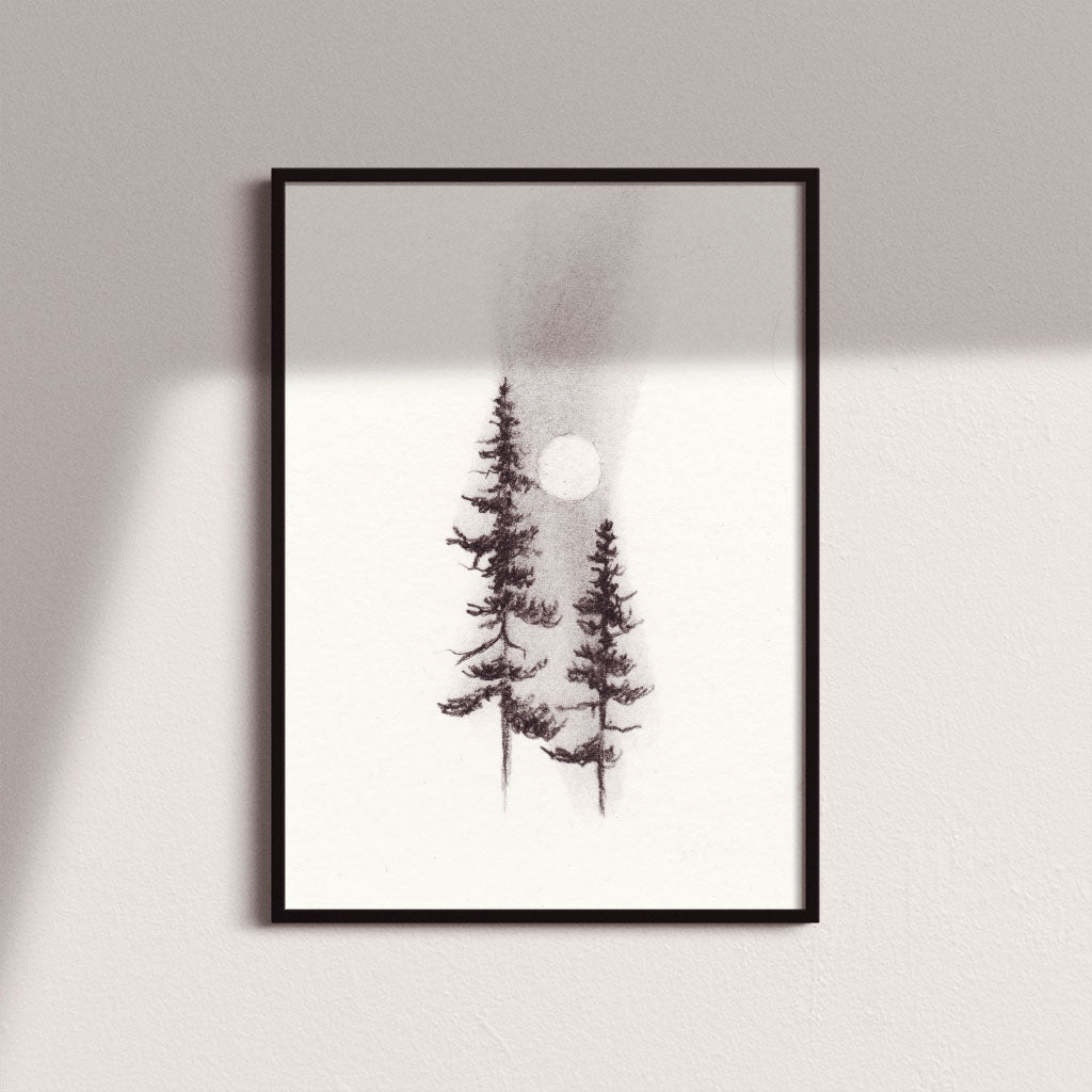 Two Pines Charcoal Drawing Print - by nakedpastor