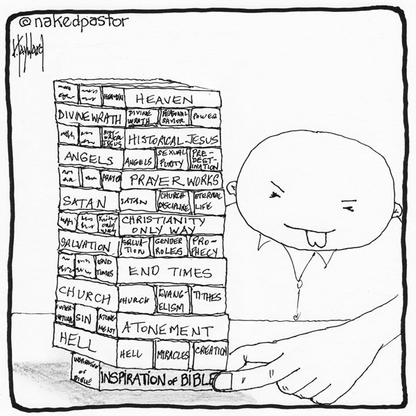 "Jenga Block Faith" cartoon by nakedpastor David Hayward