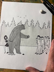 Protective Bear Original Pen and Pencil Cartoon Drawing-Cartoons-nakedpastor