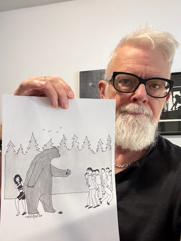 Protective Bear Original Pen and Pencil Cartoon Drawing-Cartoons-nakedpastor