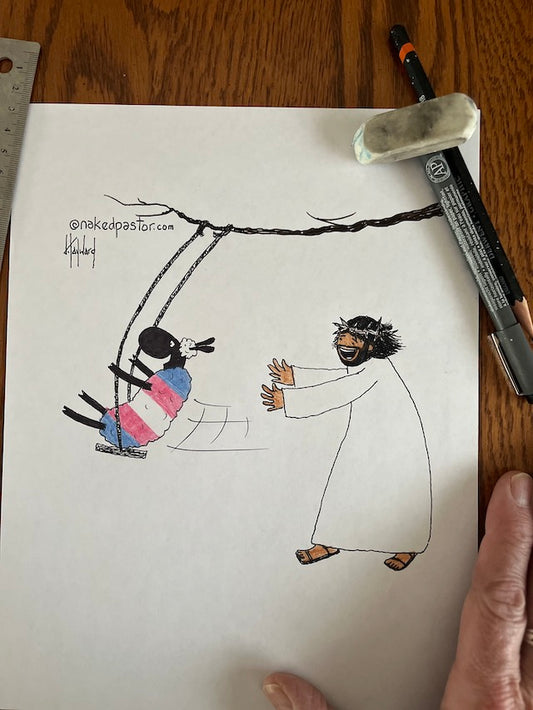 Jesus Swings with the Trans Sheep Original Cartoon Drawing
