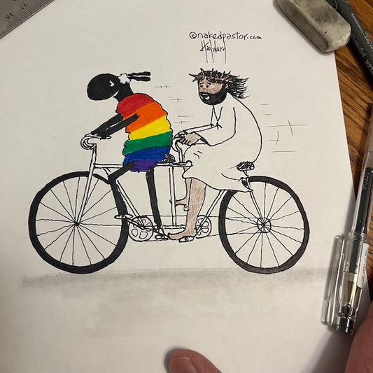 LGBTQ Bicycle with Jesus Original Cartoon Drawing