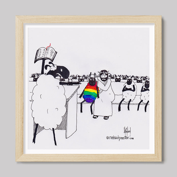 Jesus Covers the Rainbow Sheep's Ears Cartoon Print-Cartoons-nakedpastor