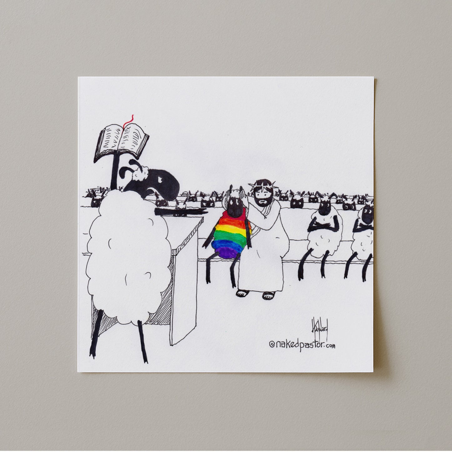 Jesus Covers the Rainbow Sheep's Ears Cartoon Print-Cartoons-nakedpastor