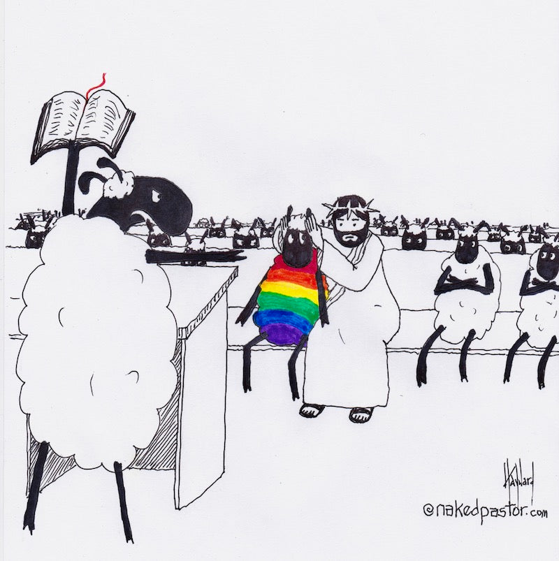 Jesus Covers the Rainbow Sheep's Ears Digital Cartoon