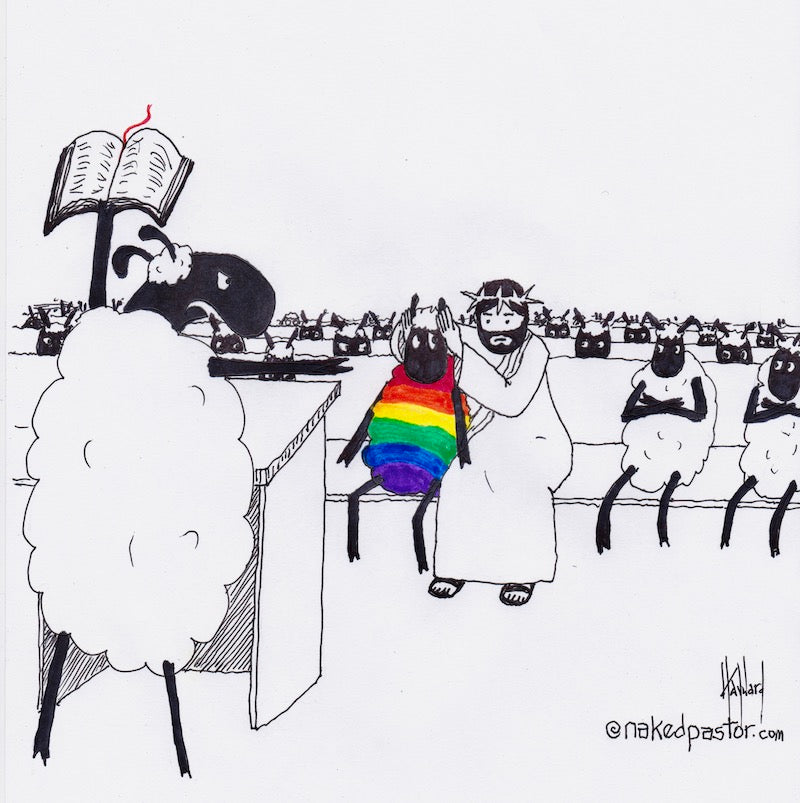 Jesus Covers the Rainbow Sheep's Ears Digital Cartoon - by nakedpastor
