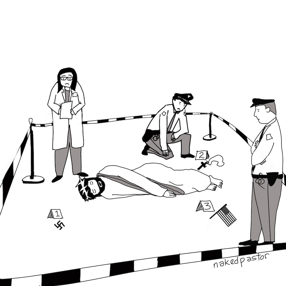 Jesus At The Crime Scene Digital Cartoon-Digital Cartoons-nakedpastor