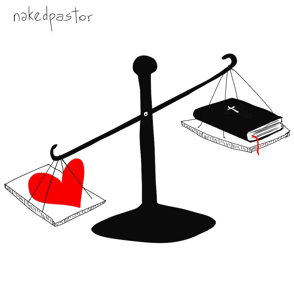 Love and Bible on Scales Digital Cartoon-Digital Cartoons-nakedpastor