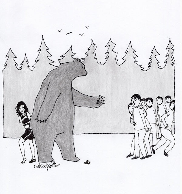 Protective Bear Original Pen and Pencil Cartoon Drawing-Cartoons-nakedpastor