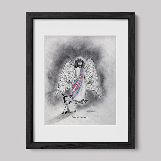 Framed artwork of a transgender angel.