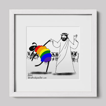 Jesus Dances with the LGBTQ Sheep Print-Cartoon Print-nakedpastor