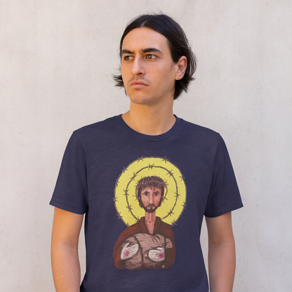 Person wearing a t-shirt with a graphic design of a stylized religious icon.