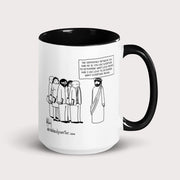 Mug with a cartoon design and text on a white background