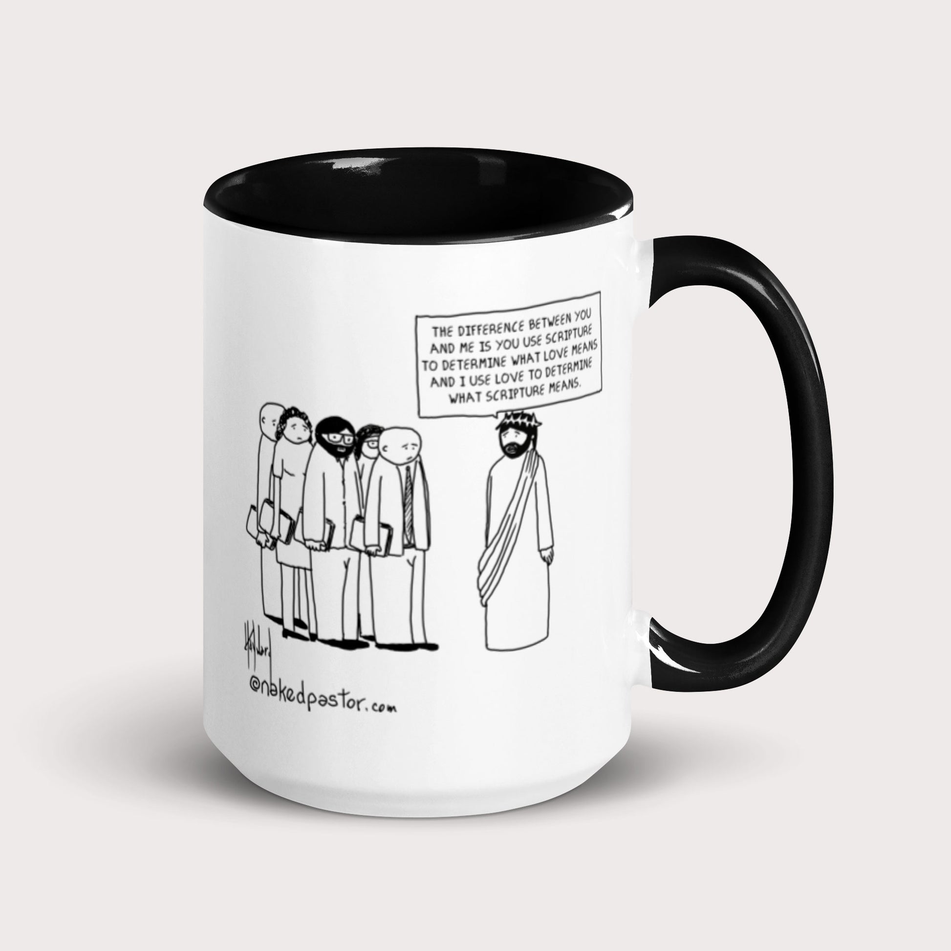 Mug with a cartoon design and text on a white background