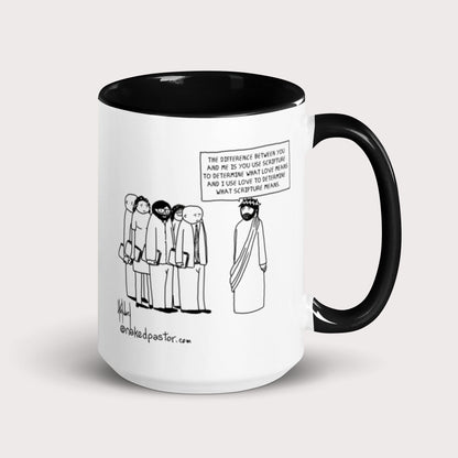 Mug with a cartoon design and text on a white background