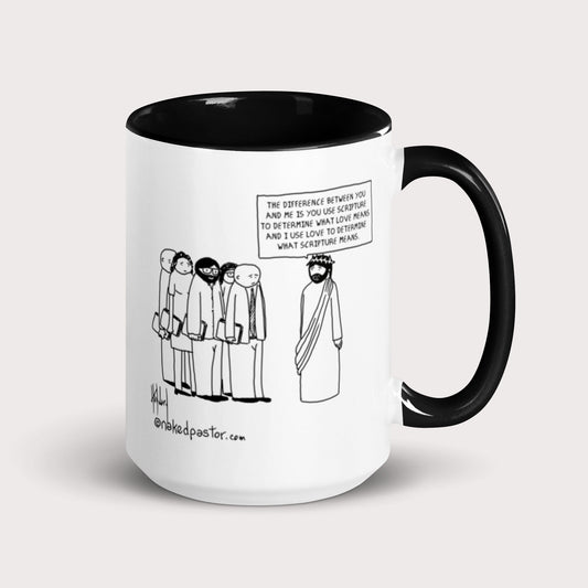 Mug with a cartoon design and text on a white background