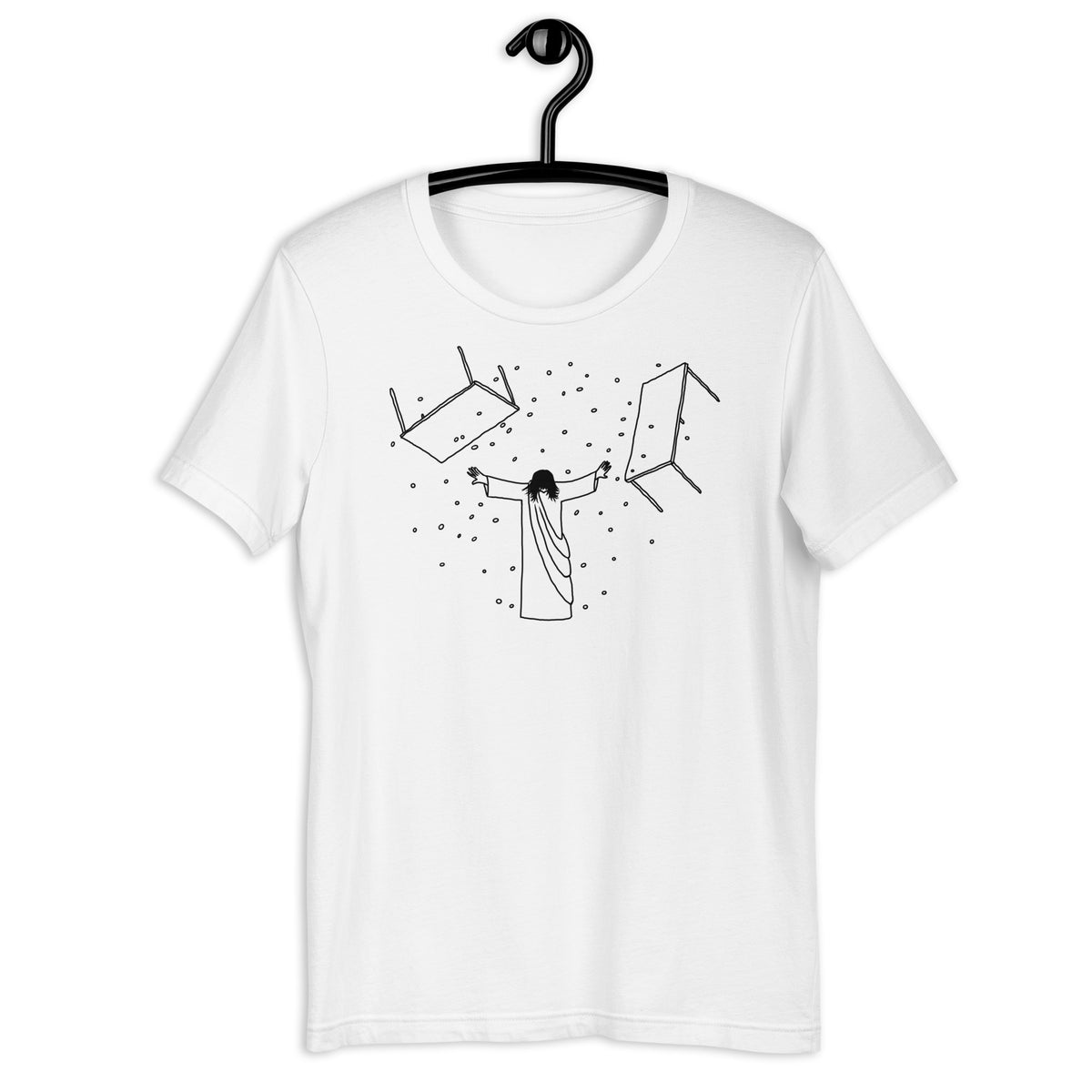 Jesus Overturning White T Shirt on Hanger