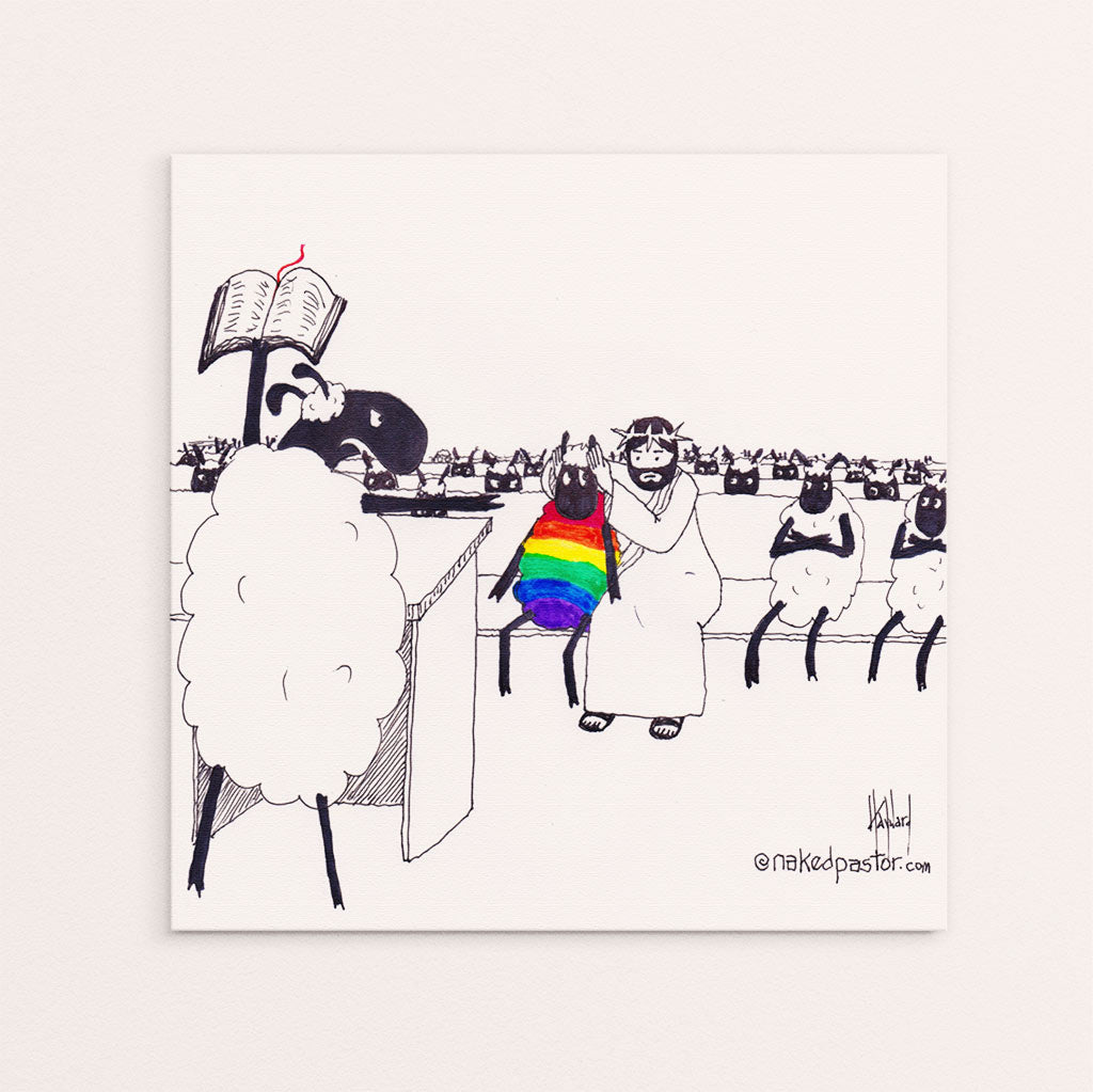 Jesus Covers the Rainbow Sheep's Ears Cartoon Print