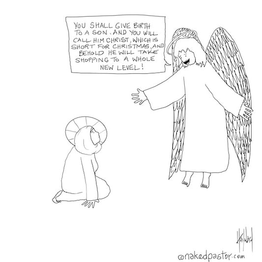 Christ, Christmas, and Shopping Digital Cartoon