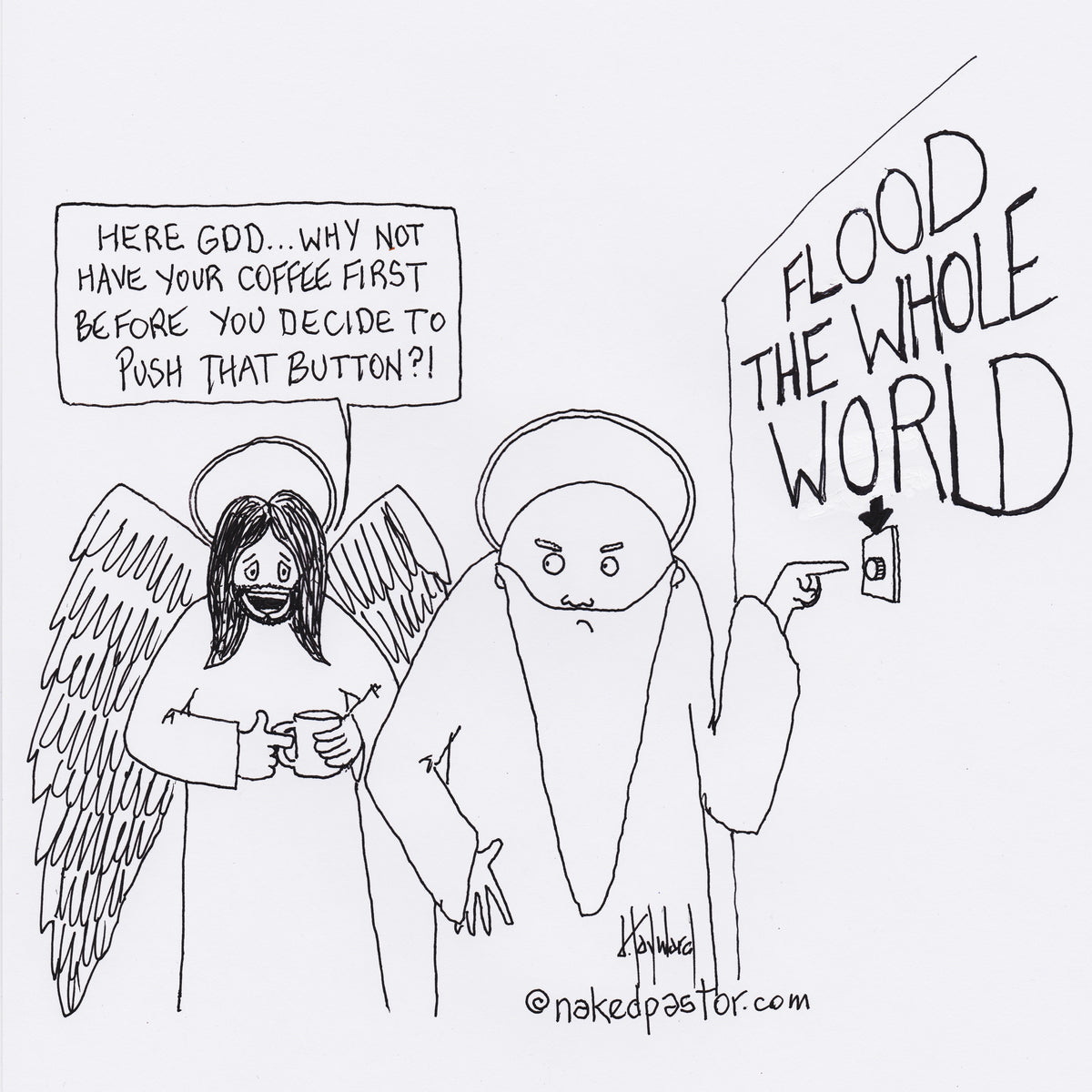 Flood the World Before Coffee Digital Cartoon - by nakedpastor