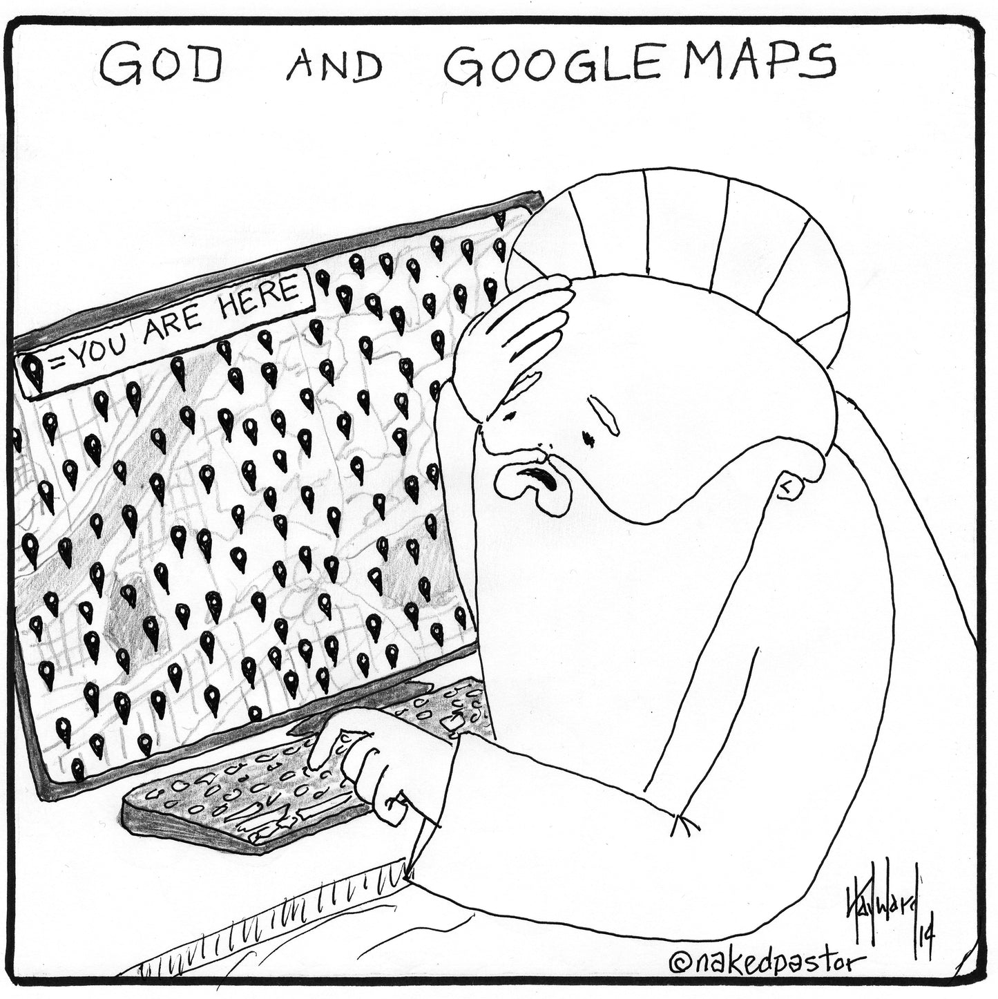 God and Google Maps Digital Cartoon