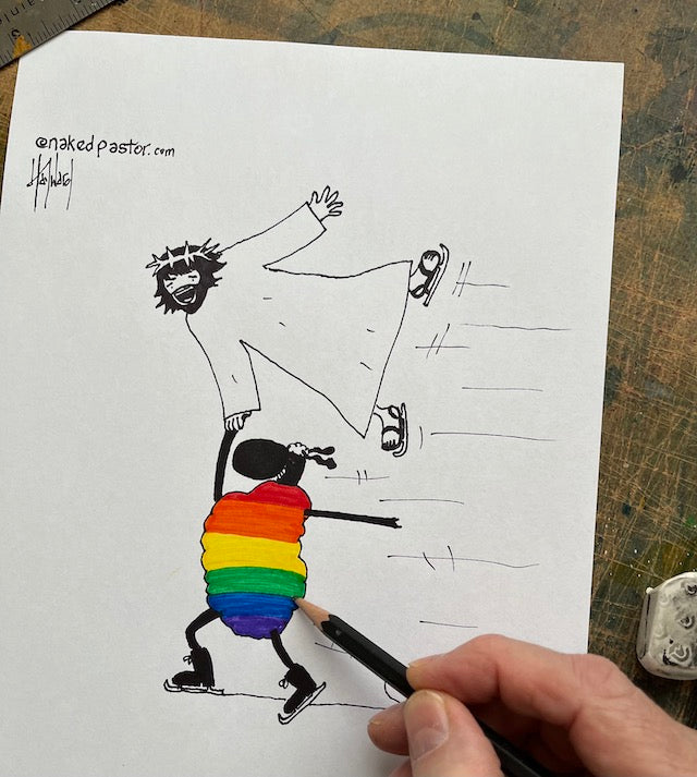 Jesus Skates with the LGBTQ Sheep Original Cartoon Drawing