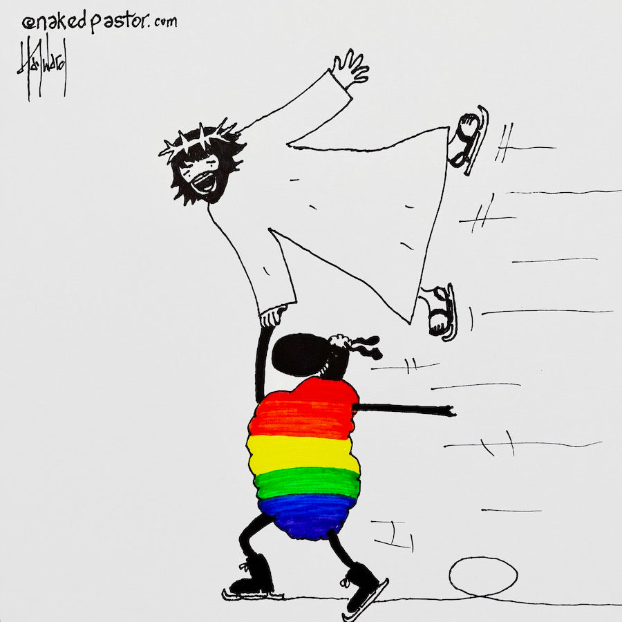 Jesus Skates with the LGBTQ Sheep Original Cartoon Drawing